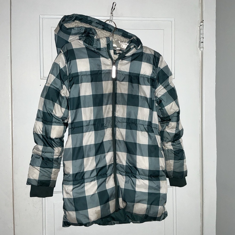 Hanna Andersson Puffer Coat Girl's 8 Teal Checkered Detachable Hood Winter Blue